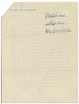 Three Stooges Agreement Signed Regarding the Film ''Have Rocket, Will Travel'' -- From May 1960, Signed Twice by Moe & Also Signed by Larry Fine & Joe DeRita -- 5pp. Measures 8.5'' x 11'' -- Near Fine
